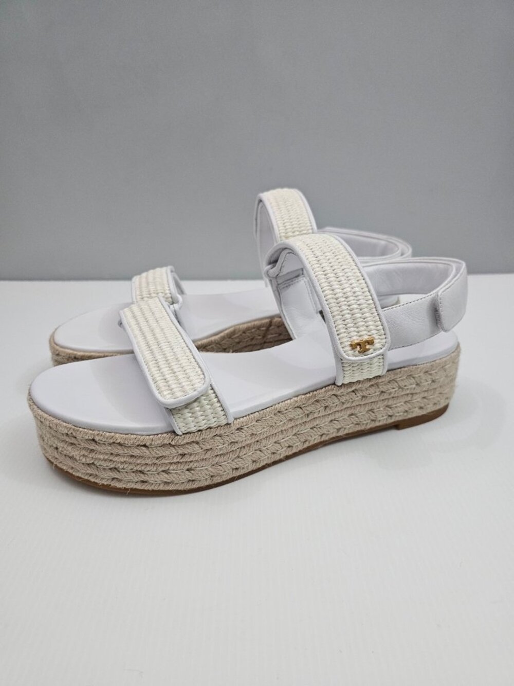 Tory Burch Diego Raffia Sport Espadrille Sandal Womens 11 White Leather Platform